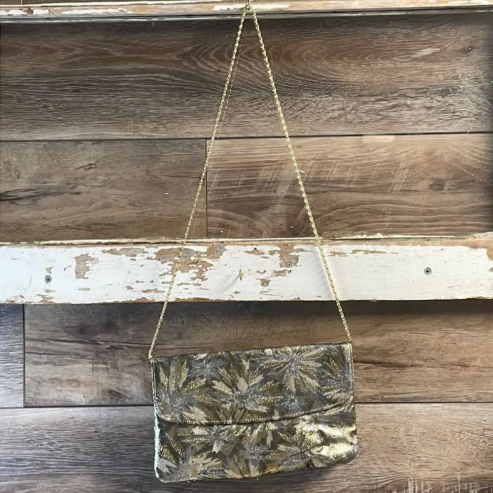 Evening Bag,Metallic Gold & Silver Floral Design,Goldtone Chain 10 1/2”W x 6” L